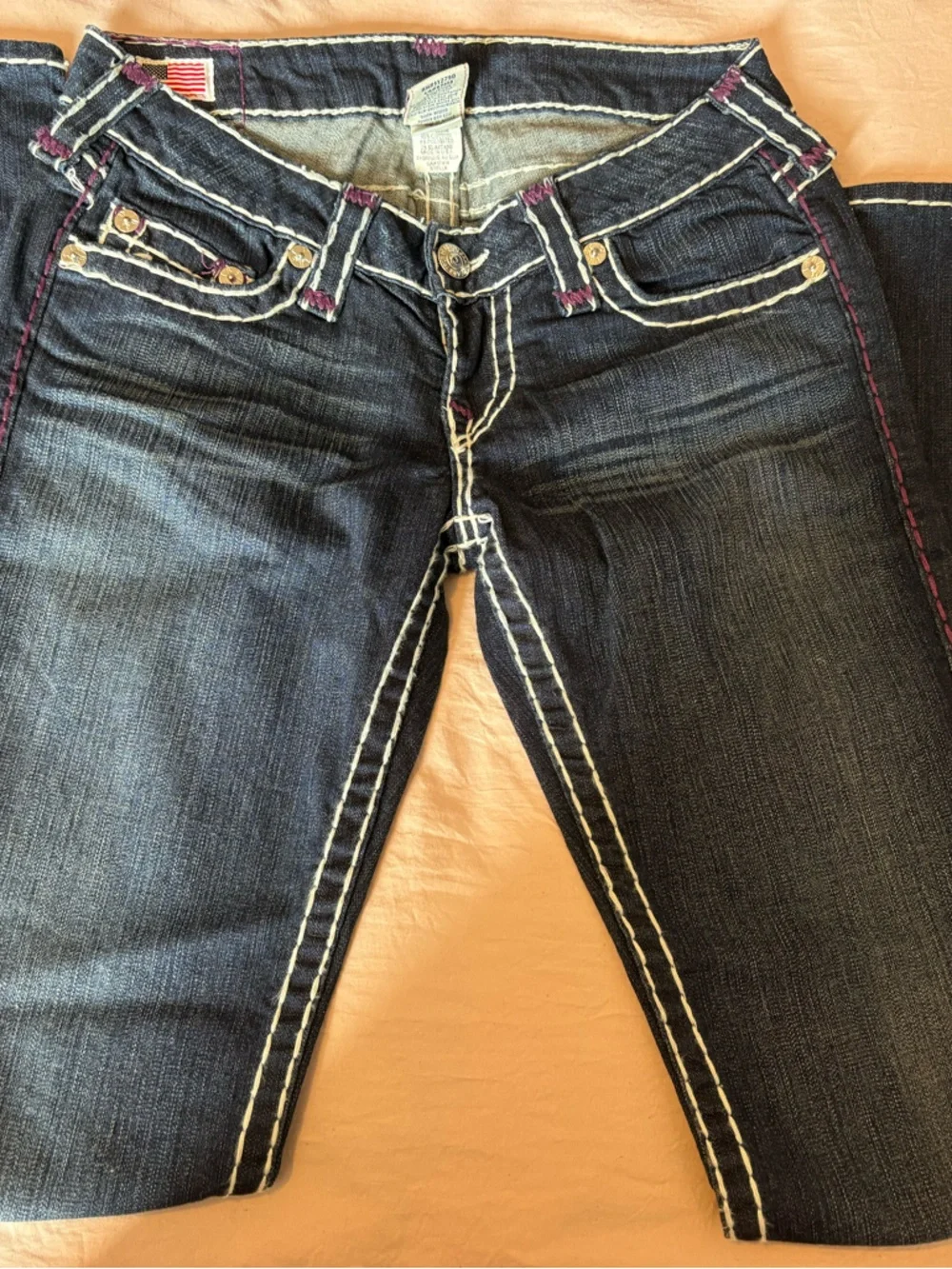 True Religion Dark Blue Skinny Jeans with White Stitching and Purple Patch - Picture 3 of 12